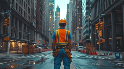 Construction Worker Building City Skyline - obrazy, fototapety, plakaty