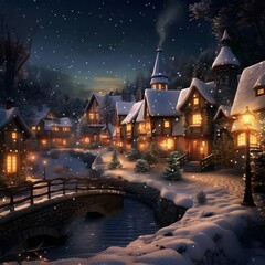 Winter village at night, 3d rendering. Computer digital drawing.