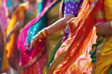 photograph of Festival of Colors: Indian Women Dressed in a multi-colored sari. Have fun dancing...