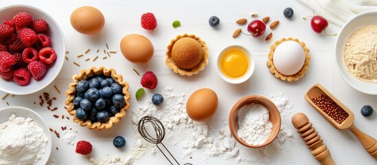 Fototapeta na wymiar Baking tools and ingredients for making tarts, cookies, dough, and pastry arranged in a flat lay with eggs, flour, sugar, and berries. This top-down view serves as a mockup for recipes,