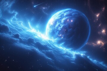 Exploration of Blue Cosmic Landscape with Planets, Comets - obrazy, fototapety, plakaty