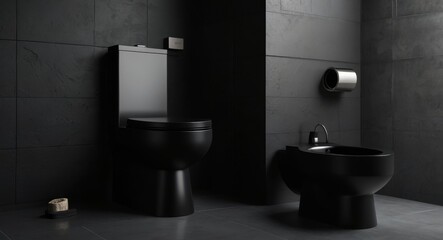 Modern Black toilet and bidet. Dark toon design - obrazy, fototapety, plakaty