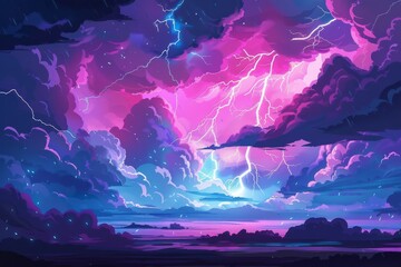 Dramatic stormy sky with dark clouds and lightning bolts striking down, extreme weather conditions illustration
