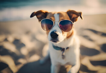 Cool dog wearing sunglasses on a sunny beach.