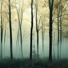 Fototapeta na wymiar Foggy Forest with Distinct Tree Silhouettes