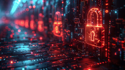 Fototapeta premium A digital padlock icon centered on a computer screen, symbolizing cybersecurity and data protection
