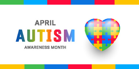 April Autism Awareness Month banner with 3d puzzle heart background. Web banner template