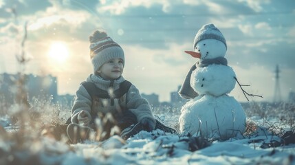 Fototapeta premium little boy wearing a sweater Making a snowman in the grass city scenery cloudy white sky It represents innocence, happiness, and childhood. 