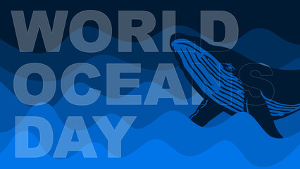 World Oceans Day: A vibrant blue color scheme with the event title against gradient sea waves and a symbolic whale swimming among the waves.