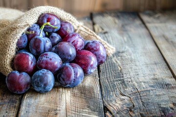 Heap of ripe purple plums in rustic jute sack on wooden table, fresh organic fruit harvest. - obrazy, fototapety, plakaty