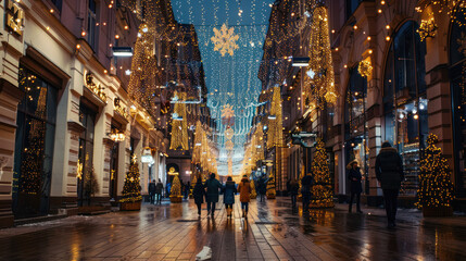 photograph of main road in the city decorated christmas lights People walking and shopping old building scenery black sky decorated with stars It conveys the atmosphere of the festival, happiness and 