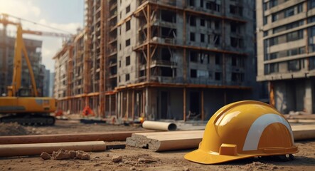 helmet in construction site and construction site worker background - obrazy, fototapety, plakaty