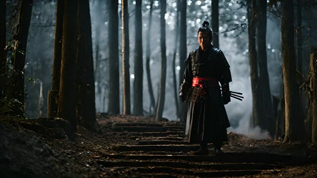 Samurai silhouette of a Japanese warrior samurai against the night forest.