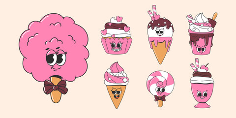 Groovy ice cream, cupcake, lollipop, milk shake in retro style. Stickers cafe, restaurant, bar. Vector illustration in y2k style.