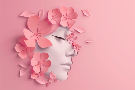 Paper cut illustration of woman's face with flowers, International Women's Day concept, digital art