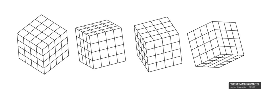 Set of wireframe cube from different sides. Collection of lowpoly 3D polygonal shapes. Cube Grid Geometry vector illustration