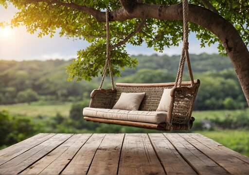 Old wooden terrace with wicker swing hang on the tree with blurry nature background