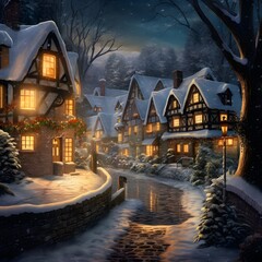 Digital painting of a winter landscape with houses in the middle of a small village