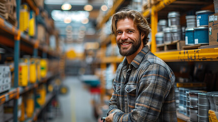 smiling and laughing man in a hardware warehouse standing selects a repair tool.