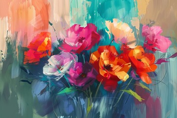 Vibrant oil painted flowers in various colors, abstract floral art, digital painting