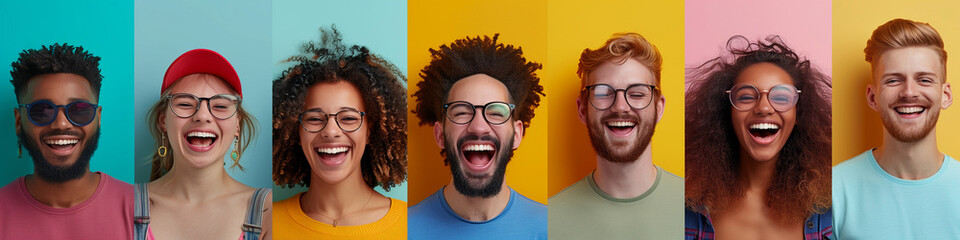 Collage of diversed people expressing positive emotions. Bright tone. Pastel color backdrop. - obrazy, fototapety, plakaty