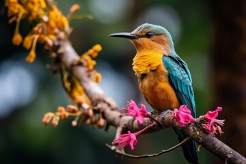 Fototapeta premium Close up of hummingbird perched on flower in lush jungle setting, wildlife in natural habitat