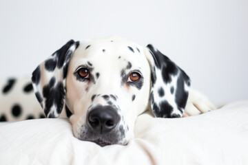 A dalmatian rests on a bed, its distinctive spotted coat and soulful eyes create a portrait of peaceful repose, inviting a moment of calm and connection