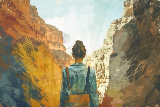Young woman seen from behind, standing alone in a canyon, ready to embark on a journey, digital painting