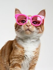 A cat wearing oversized pink sunglasses poses with a humorous and stylish attitude