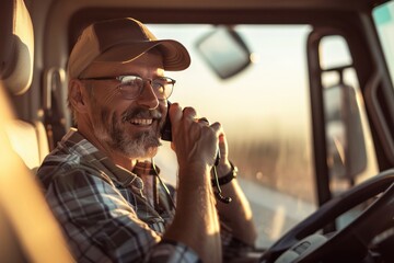  Smiling truck driver Talking on the cell phone with family 