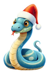Fototapeta premium Cute snake wearing a Santa Claus hat transparent background, cartoon style