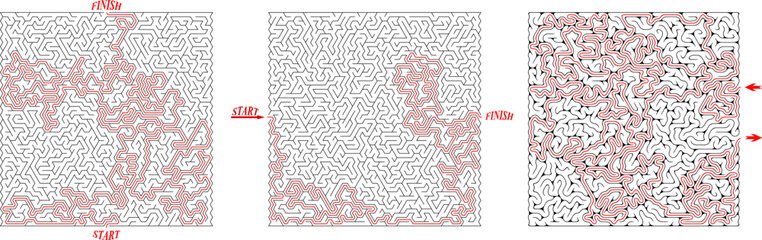 Set of 3 vector square labyrinths with triangular cell. Mazes of high complexity with solution. Black and white complex riddles with high level of difficulty. Nice brainstorm puzzle