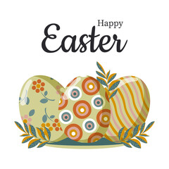 Happy Easter. Three Easter colored eggs with fancy leaves on branches. Vector.