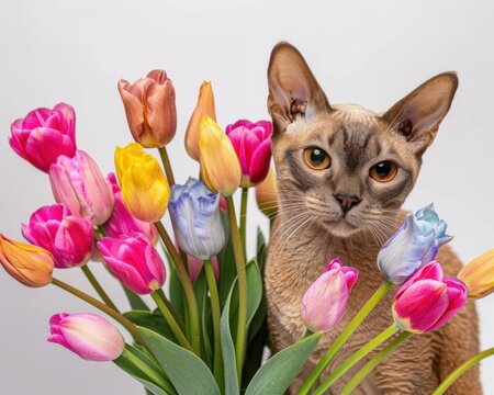 *Short Description:**
A cat peeks out from behind a colorful bouquet of tulips