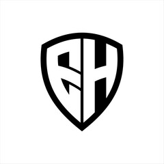 EH monogram logo with bold letters shield shape with black and white color design