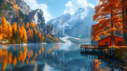 Colorful autumn landscape in Italian Alps, Naturpark Fanes-Sennes-Prags, Dolomite, Italy, Europe. Beauty of nature concept background Ai Generated  - obrazy, fototapety, plakaty