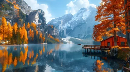 Foto auf Alu-Dibond Colorful autumn landscape in Italian Alps, Naturpark Fanes-Sennes-Prags, Dolomite, Italy, Europe. Beauty of nature concept background Ai Generated  © Hamid