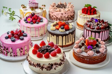  Various styles of cakes, beautiful colors, meticulously decorated. 