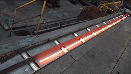 A red-hot metal reinforcement bar on a rolling mill at a metallurgical plant.