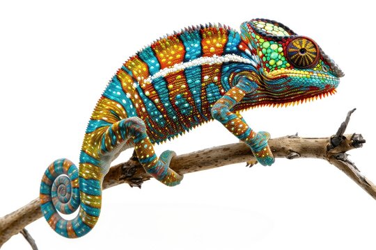 Colorful chameleon on a branch on an isolated white background