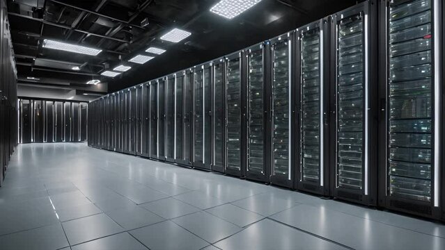 Modern Data Technology Center Server Racks Working in Dark Facility. Concept of Internet of Things, Big Data Protection, Storage, Cryptocurrency Farm, Cloud Computing. 3D Panning Forward Camera Shot. 