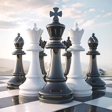 3D illustration of a Corporate Chess Game, with CEOs and CFOs as the kings and queens , 3D render