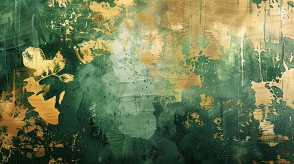 Green floral mural with abstract golden brushstrokes.