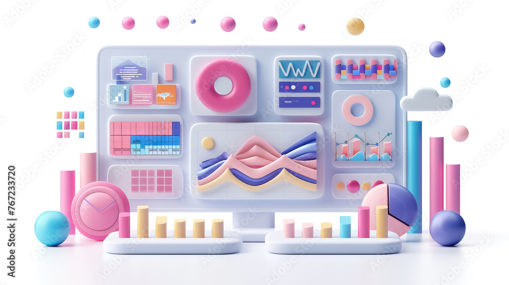 Poster 3D visualization dashboard with colorful data analysis and metrics