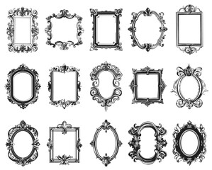 Baroque engraving frames. Antique floral ornament borders, old design engraved flourishe ornamented motifs vector edging collection isolates - 767233740