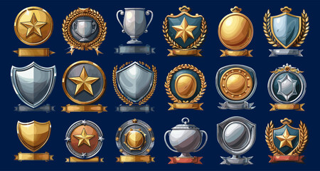 Achievement badges. Winning icons, champ icons, recognition awards, win cups, award best achievable shields symbols - obrazy, fototapety, plakaty