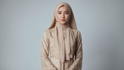 Fototapeta premium Beautiful Muslim Asian Woman wearing hijab in front of simple white background 
