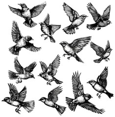 Bird in fly etching. Engraving flying birds in different poses isolated vintage illustration
