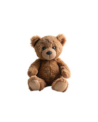 brown teddy bear in a felt hat sits on a white isolated surface, cute baby toy