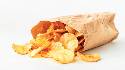 Potato chips or French fries in a paper bag on a white insulated background.